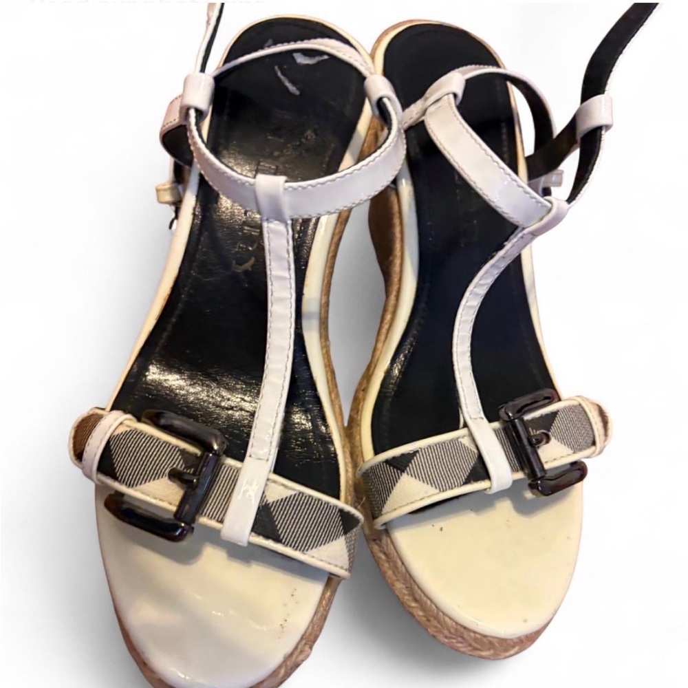 Burberry White Patent Leather Check Espadrilles Wedge Sandals Size 6